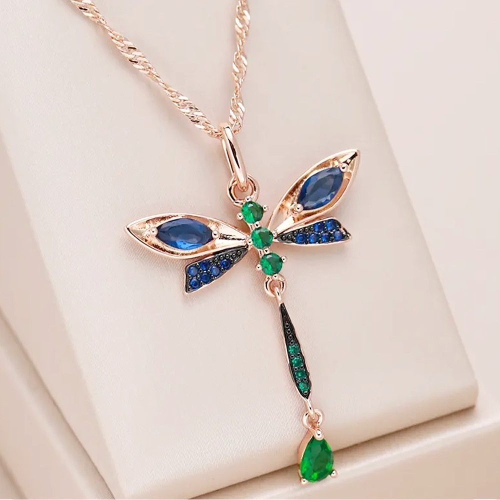 Rose Gold Natural AAA Blue Zircon Dragonfly Necklace